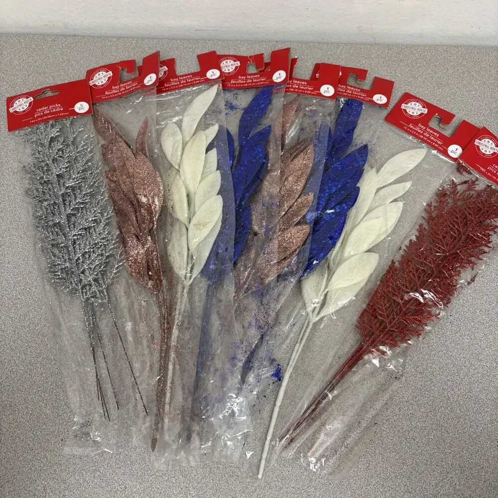 Lot Of 8 Glittered Bay & Cedar Leaf Picks, 14”, Silver, Gold, Red, Blue, White